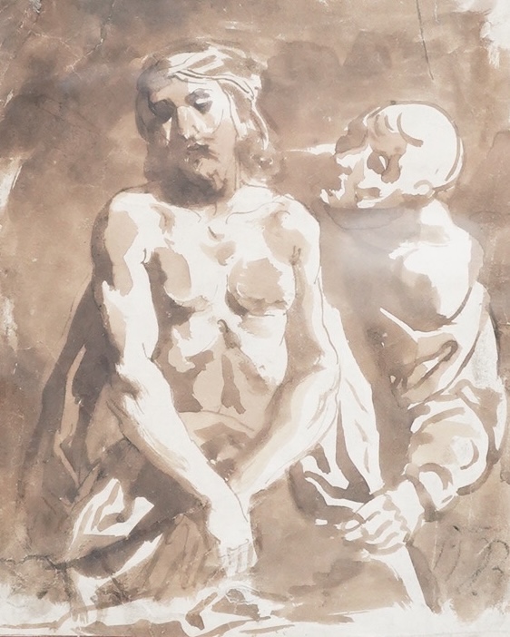 Italian School, 17th / 18th century, Study of Christ and a deciple, Old Master sepia wash, 17 x 14cm
